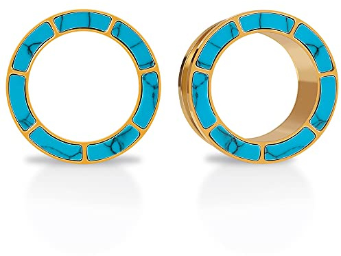 KOOBODY 1 paire de tunnels de chair d'oreille en acier inoxydable à bord bleu opale vissés sur le dos et adaptés aux jauges d'oreille en coquillage bleu turquoise 0g-1