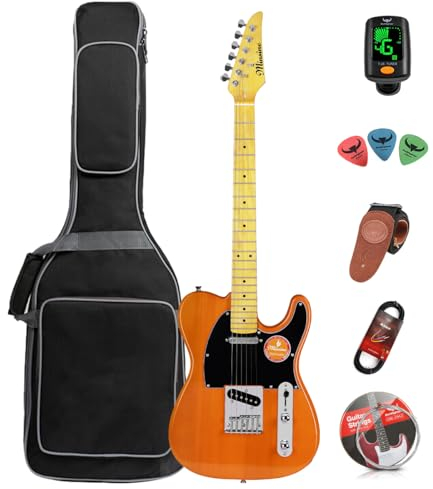Bullfighter E-Gitarre für Erwachsene, Anfänger, Rockgitarre, Profi-Spieler, für Männer und Frauen, mit Gitarrentasche, Plektren, Gurt, Saiten, Stimmgerät und Kabel (Wood)