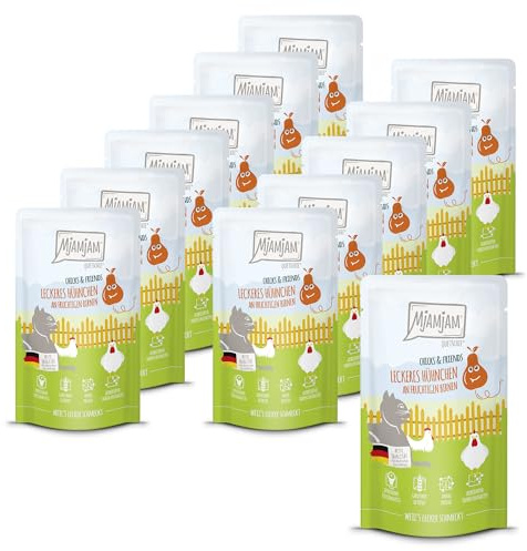 MjAMjAM - Premium Nassfutter für Katzen - Quetschie - Chicks & Friends Poulet délicieux aux poires fruitées, Paquet de 12 (12 x 125g), sans céréales