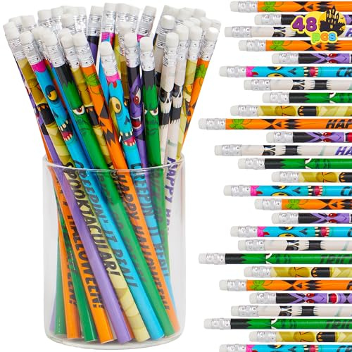 JOYIN 48PCS Halloween Pencils Assortment with Erasers in 6 Design, Halloween Wooden Pencils, Colorful Halloween Themed Pencils Stationery Set for Kids Girls Boys Halloween Party Favor Supplies Prize