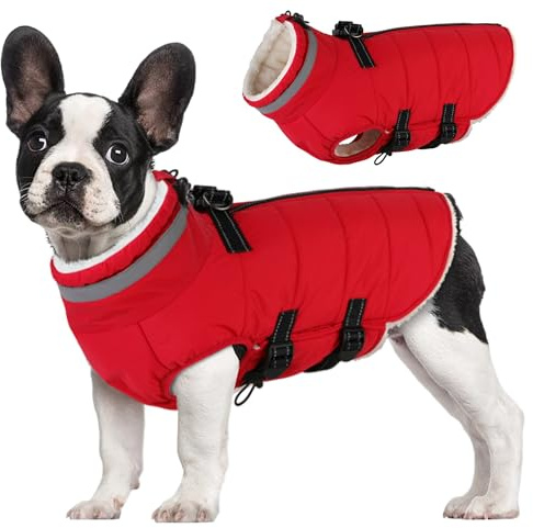 Mklhgty Medium Dog Coat with Harness Built-in, Waterproof Reflective Fleece Lined - Warm Windproof Winter Jacket with Back Zipper, Cold Weather Snow Dog Coats - Red - M