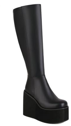 HXTYXCQ Bottes Longues en Cuir PU À Bout Rond pour Femmes Talon Compensé Bottes De Chevalier À Plate-Forme Bottes Hautes Au Genou À Glissière Latérale,Noir,35 EU