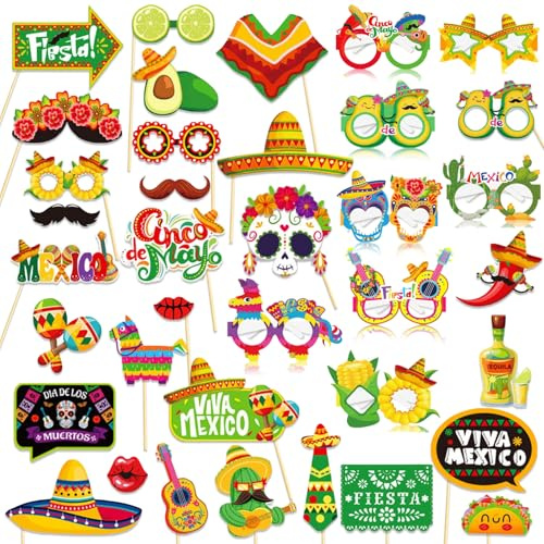 Qpout 38PCS Mexikanische Fiesta Fotokabine Requisiten, Cinco de Mayo Karneval Party Selfie Requisiten Zubehör für den Maifeiertag Mexiko Thema Party Dekoration begünstigt Vorräte