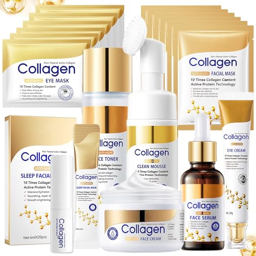 Honicemar 19Pcs Coffret De Soins Pour La Peau Au Collagène Kit Hydratant Pour Femme, Mousse Nettoyante, Toner, Sérum, Crème Yeux, Crème Visage, Masque Yeux, Baume À Lèvres, Masque, Etc