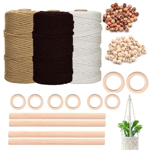 Macrame Corde Lot, Corde Macramé 3mm, 3mmx100m, avec Perles, Anneaux en Bois, Bâtons en Bois, Kaki Marron Beige, Kit Macramé Hibou, Décoration Bohov, pour Tentures Murales, Suspensions