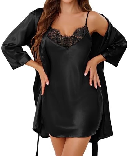 Lovasy Women's Satin Robes 2 Pack Silk Nighties and Dressing Gown for Women Sexy Lace Cami Nightdresses with Robe Set,Black,M