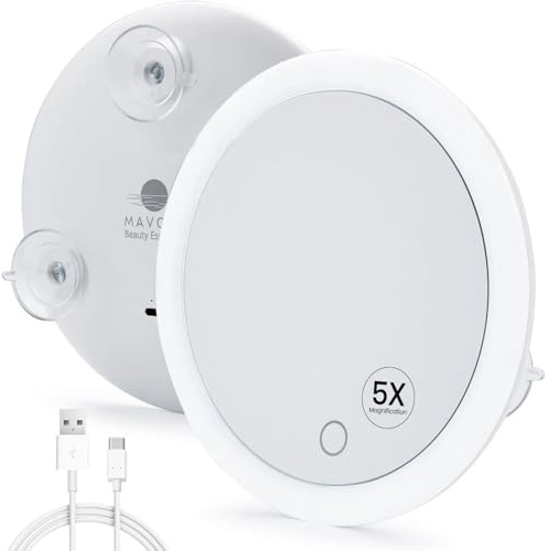 Mavoro Miroir Grossissant LED 17 cm avec 3 Ventouses Puissantes | Grossissement 5X | Miroir Maquillage & Cosmétique de Voyage Portable Éclairé (Batterie intégrée Rechargeable USB-C | 5X)