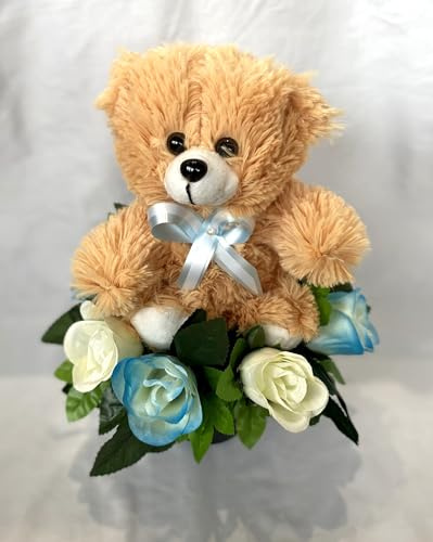 Silky Bouquets All-Round Grave Pot – Handmade Artificial Blue Rose Silk Flower Arrangement with Teddy Bear, Custom Colour Memorial Tribute, Lasting Cemetery Decoration