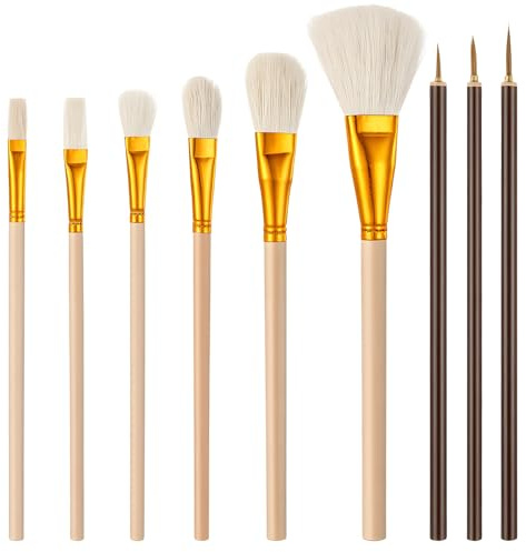 9 Pack Pottery Glaze Brushes Set, Oil Paint Brushes Set Wooden Handle Goat Blending Brush Blending Mop Brush Ceramic Tools for Watercolor Acrylic Painting