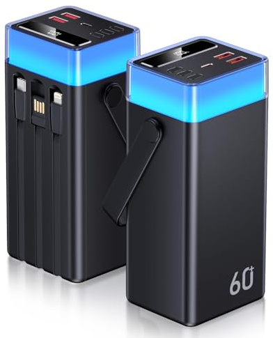 Batterie Externe 60000mAh Charge Rapide 3 Câble Intégré, Power Bank 22,5W USB C Chargeur Portable, PowerBank 5 Sorties et 2 Entrées avec Écran LED et 9 Couleurs Dimmable pour iPhone Android Camping