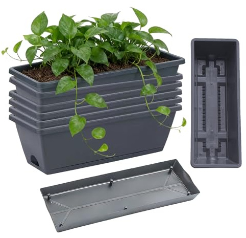 shallyong Jardineras Exterior, Juego de 6 Piezas Jardinera Balcon, Jardinera para Alféizar de Ventana Exterior con Depósito/Platillo de Agua, Macetas de Plástico para Balcón y Terraza