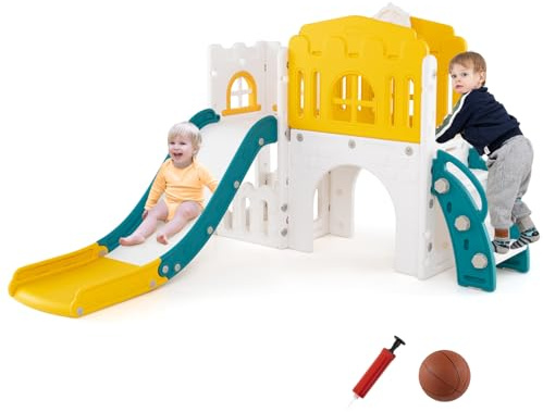 COSTWAY Toddler Slide, 9 in 1 Kids Slide Playset with Basketball Hoop, Telescope, Steering Wheel, Aisle, Tunnel & Storage Space, Indoor Playground for Boys Girls Ages 1+ (Green + Yellow)