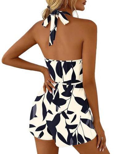 PAIDAXING Jumpsuits for Women UK Elegant Boho Romper Halter Neck Dungarees Onesie Sleeveless Floral Print Playsuit Ladies Low Back Beach Cover Ups Wide Leg Shorts Summer Party Vacation Outfits