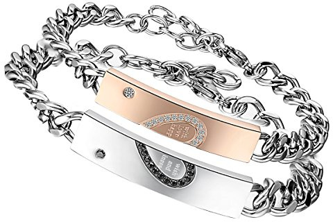 Flongo 2 Stück Partnerarmbänder Armband Edelstahl Armreif Armkette with Wish Love and Happiness Gravur Herz Link Handgelenk Zirkon Zirkonia Silber Rose Gold Schwarz Panzerkette Kette Herren,Damen