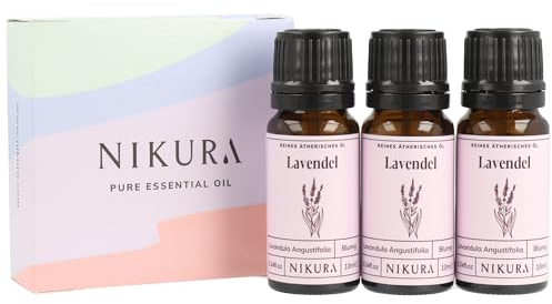 Nikura French Lavender Essential Oil for Sleep | Diffusers for Home | Aromatherapy, Stress Relief, Hair Oil | Candle Making, Soap, Home Fragrance | 30ml (3 x 10ml) | Vegan, UK Made, 100% Pure