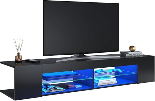 SONNI TV Schrank, Lowboard, mit LED-Beleuchtung, 12 Farben können eingestellt Werden, Fernsehtisch, TV-Regal, Fernsehschrank, Glasböden, Hochglanz, Schwarz, 135x39x30cm, GTV003B-BLACK-2.