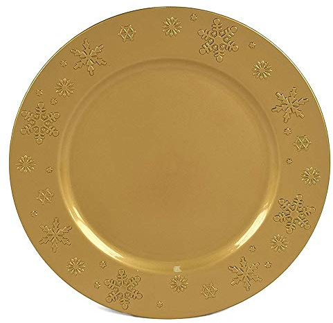 Aurora Store 12 Sottopiatti Bordo Fiocchi di Neve Oro in plastica Rigida Bordo Liscio Tondo 33 cm Natale cenone sotto Piatto Natalizio Capodanno Natale Cena Aperitivo