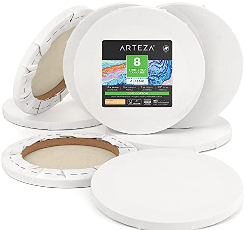 ARTEZA Round Stretched Canvas, 10 Inch Diameter, Pack of 8, Blank White Canvas Boards for Acrylic, Oil and Gouache Painting