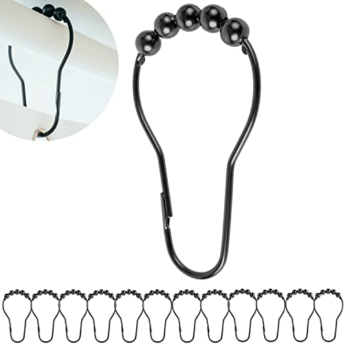 Duschvorhang Ringe, 12 Stück, in Schwarz, mit Kugel-Gleitsystem, 7 x 3,9 cm Größe, für Duschvorhangstangen, aus Metall, Schwarze Ring Duschgardine, Duschvorhangringe, Duschvorhang Haken, Metallringe