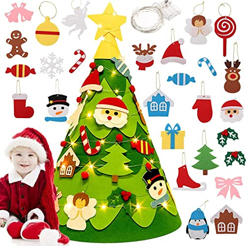 NEWUPZSI 3D Árbol Navidad Fieltro navidad regalos 29PCS Juego de Árbol de Navidad de Fieltro ​Accesorios Desmontables + Cadena de Luz LED, para Las Decoraciones de la Navida