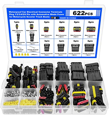 Faankiton 622 Piezas Conector Electrico Impermeable, Rápido Enchufe Terminal, Clavija Conector, Coche Conector Impermeable, Conectores de Cable Eléctrico Impermeable para Coche 1/2/3/4/5/6 Pin