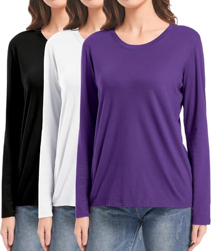 DMVOD 3-Pack T-Shirt a Maniche Lunghe in Cotone da Donna Top da Allenamento per Signore T-Shirt basiche Aderenti T-Shirt Semplice Girocollo Black/White/Purple-L