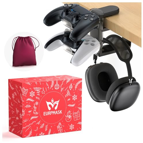 3-in-1 PC Gaming Headset&Controller Holder - EURPMASK Headphone Stand w/Adjustable Clamp&2 Controller Holder&Rotating Arm&Cable Organizer, PC Gaming Accessory Controller Headset Stand