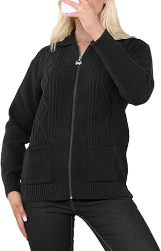 Womens Zipped Cable Knit Long Sleeve Collar Cardigan, Ladies Classic Chunky Winter Knitwear Zip Through Fasten with Pockets Pullover Jumper Top Zipper UK Plus Size 8-22, Black-16-18