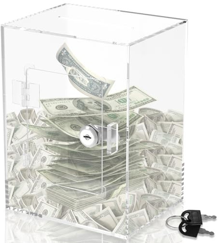 Clear Money Box for Adults Kids,15×12×20cm Acrylic Piggy Bank with Key, No Need to Break Transparent Rectangle Money Saving Box for Budget and Save, Coin and Cash