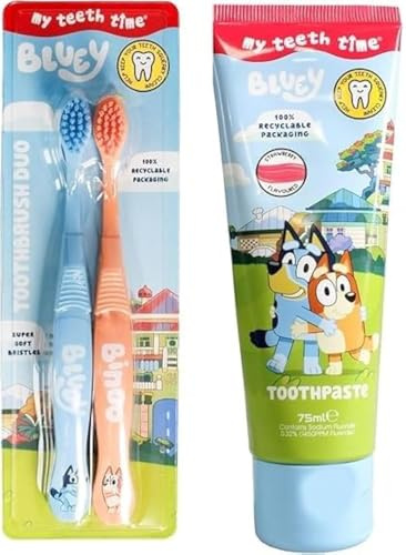 Bluey Toothbrush (Duo) and Toothpaste Set. Two Bluey Toothbrushes and Strawberry Flavoured Toothpaste for Ages 3-8 Years Old