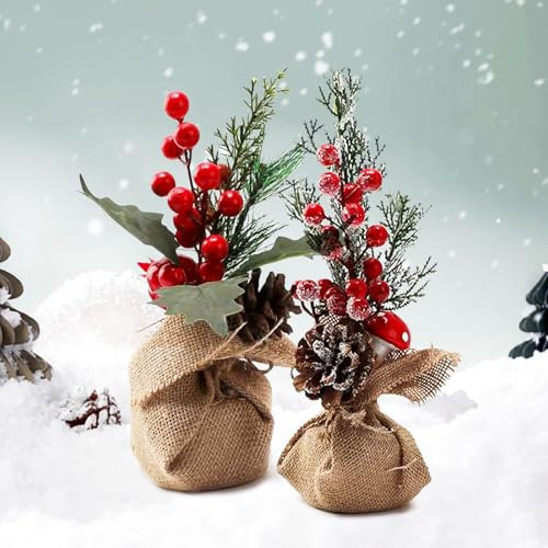 2 Stück Mini Weihnachtsbaum im Jute-Topf Kunstblume Weihnachtszeder Schneeflocke Tannenzapfen Rote Beeren Künstlich Klein Tischdeko Deko simulierte Blumen Tannenbouquet Künstliche Weihnachtsblume