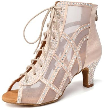 JUODVMP Bottes de Danse Respirantes pour Femmes Chaussures de Danse Latine,Salsa et de Salon pour Femmes,Ornées de Strass