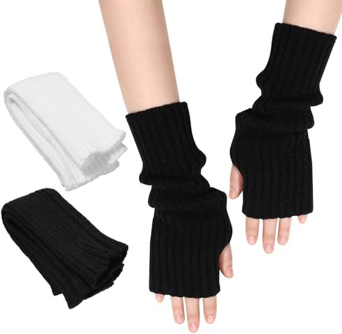 cobee 2 Paar Fingerlose Handschuhe, Armstulpen Pulswärmer Damen mit Daumenloch Winter Gestrickt Handstulpen Unisex Winterhandschuhe Armwärmer (Weiß+Schwarz)