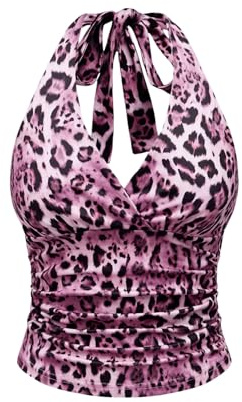 GORGLITTER Women's Sleeveless Crop Halter Neck Top Leopard Print Top Purple