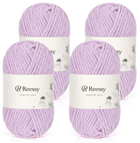 Reessy Filato di ciniglia spesso, morbido filato per uncinetto, 4 gomitoli di lana spessa 50 g, perfetto per coperte, maglioni, sciarpe, cappelli all'uncinetto (viola chiaro)