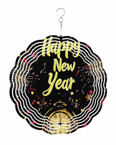 Wind Spinners Fireworks Clock Hanging Wind Sculptures Happy New Year 3D Stainless Steel Metal Wind Spinners Outdoor for Garden Patio Yard Art Outdoor Indoor Decor 10 Inch Round