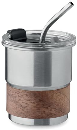 Nachhaltiger Thermobecher 260 ml recycelter Edelstahl mit Akazienholzgriff, Einwandiger Coffee-to-go Becher mit auslaufsicherem Deckel & Edelstahl-Strohhalm, Wiederverwendbar, ökologisch (Silber)