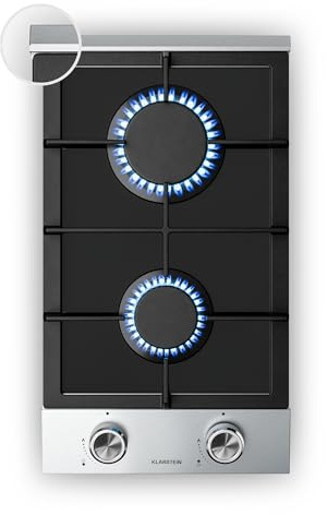 Klarstein Verosteel Placa de Gas 2 Quemadores - 4200W, 30cm, Cristal & Acero Inoxidable, Encendido Eléctrico, GLP/Gas Natural, Protección Antillama, Encimera Cocina