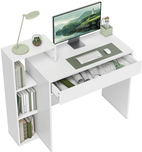 HOMCOM Scrivania Salvaspazio Moderna con 3 Ripiani Aperti e Cassetto Grande, Scrivania con Libreria in Legno, Tavolo Porta PC per Computer, per Ufficio, Studio e Camera da Letto, 100x40x90cm, Bianco