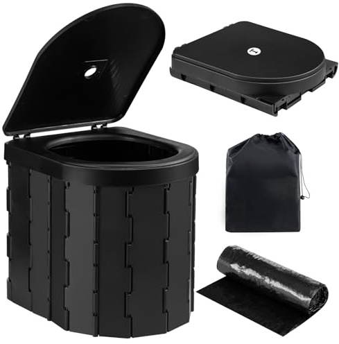 Foldable Camping Toilet Portable Potty Loo - Collapsible Toilet for Camping, Picnic, Fishing, Travel and Van Life, Outdoor Bucket with Lid and 30 Trash Bags