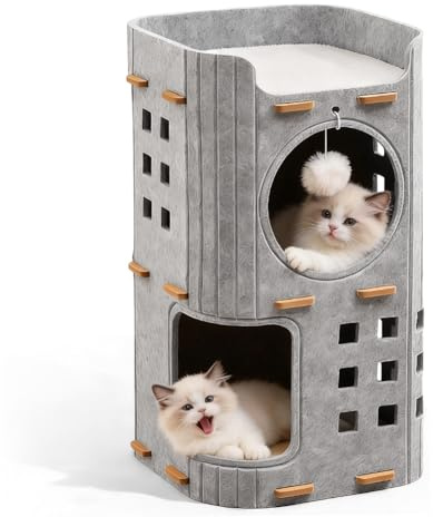 Cama para gatos de fieltro, cama para gatos, plegable, porosa, para dormir, jugar o esconderse, resistente al invierno, extraíble y acogedor nido de gatitos gris (2 pisos, 60 x 37 x 37 cm)
