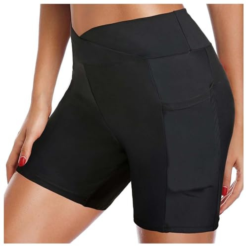 Bañador Short Mujer Cintura Alta Apretado Playa Pantalón Corto Baño Reductoras Piscina Bañador Corto para Mujer Sólido con Bolsillos Deporte Bikini Short Verano Natacion (Negro, XXL)