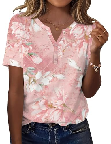 Kistore Tops for Women Trendy Summer Short Sleeve Tops Pink Floral Print M