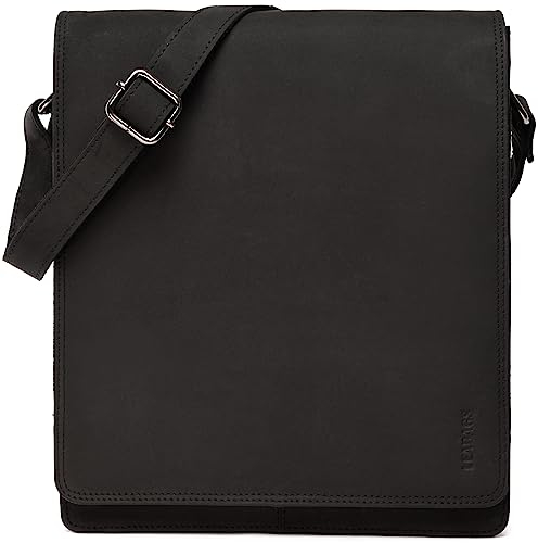 LEABAGS Leder Messenger Bag, London Vintage Herren Umhängetaschen, Echtleder Aktentasche Laptoptasche bis 13 Zoll, Umhängetasche mit Schultergurt Arbeitstasche Herren Lehrertasche