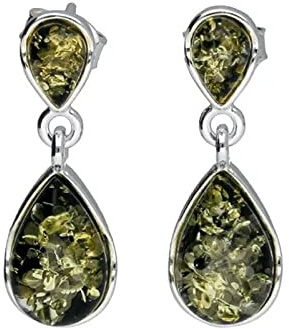 Pendientes de plata de ley, diseño de lágrima de ámbar color verde