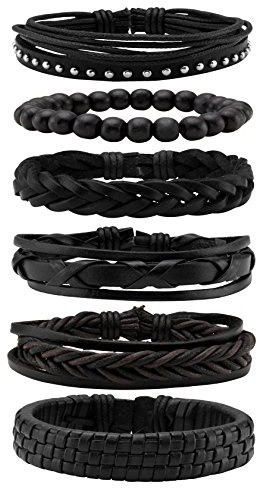 MILAKOO 6 pezzi Bracciali in pelle intrecciata nera per bracciali da uomo e da donna