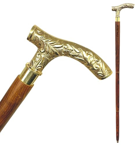 Canne de marche vintage avec poignée en laiton, bâton en bois avec poignée Derby en forme de T, marron et doré, cadeau fantaisie pour homme et femme