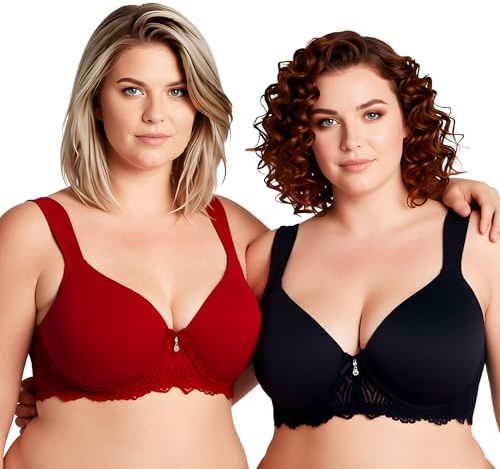 Curve Muse Women's Lightly Padded Underwire Lace Bra with Padded Shoulder Straps-2PK-Black,Wine-42B(EU:95B)
