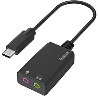 Hama Externe Soundkarte, USB C Stecker - 2x 3,5 mm Klinke Kupplung (USB C Soundkarte f. Windows/Mac, Audio Stereo Adapter f. Anschluss Kopfhörer, Lautsprecher, Mikrofon, Headset an PC, Laptop, Tablet)