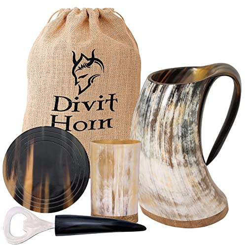 Cuerno Vikingo Auténtico Divit | La Jarra de Cerveza Arcaica | Estilo Real; Bebe en una Taza de Cuerno de Buey Auténtico (Natural Mug Set)
